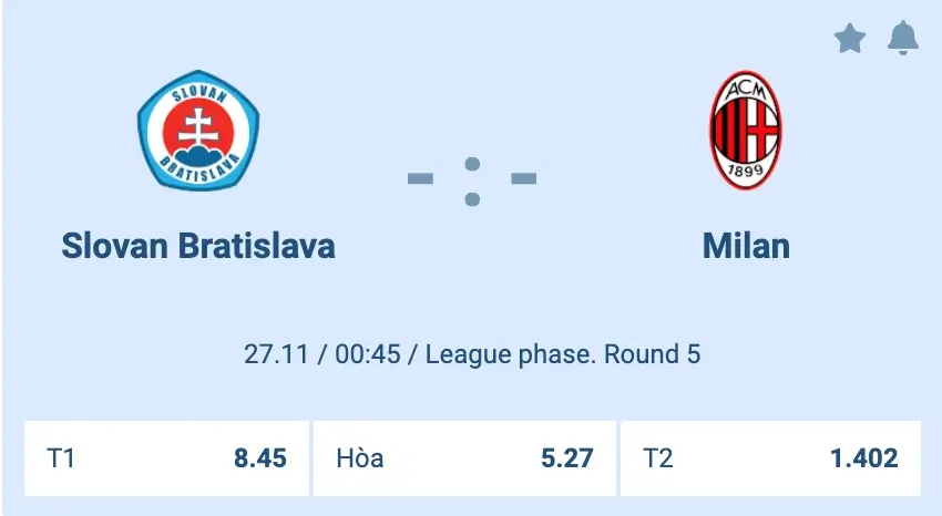 tỷ lệ kèo slovan bratislava - milan