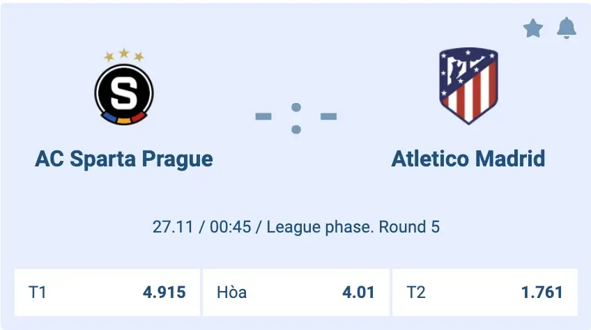 tỷ lệ kèo AC Sparta prague - atletico madrid